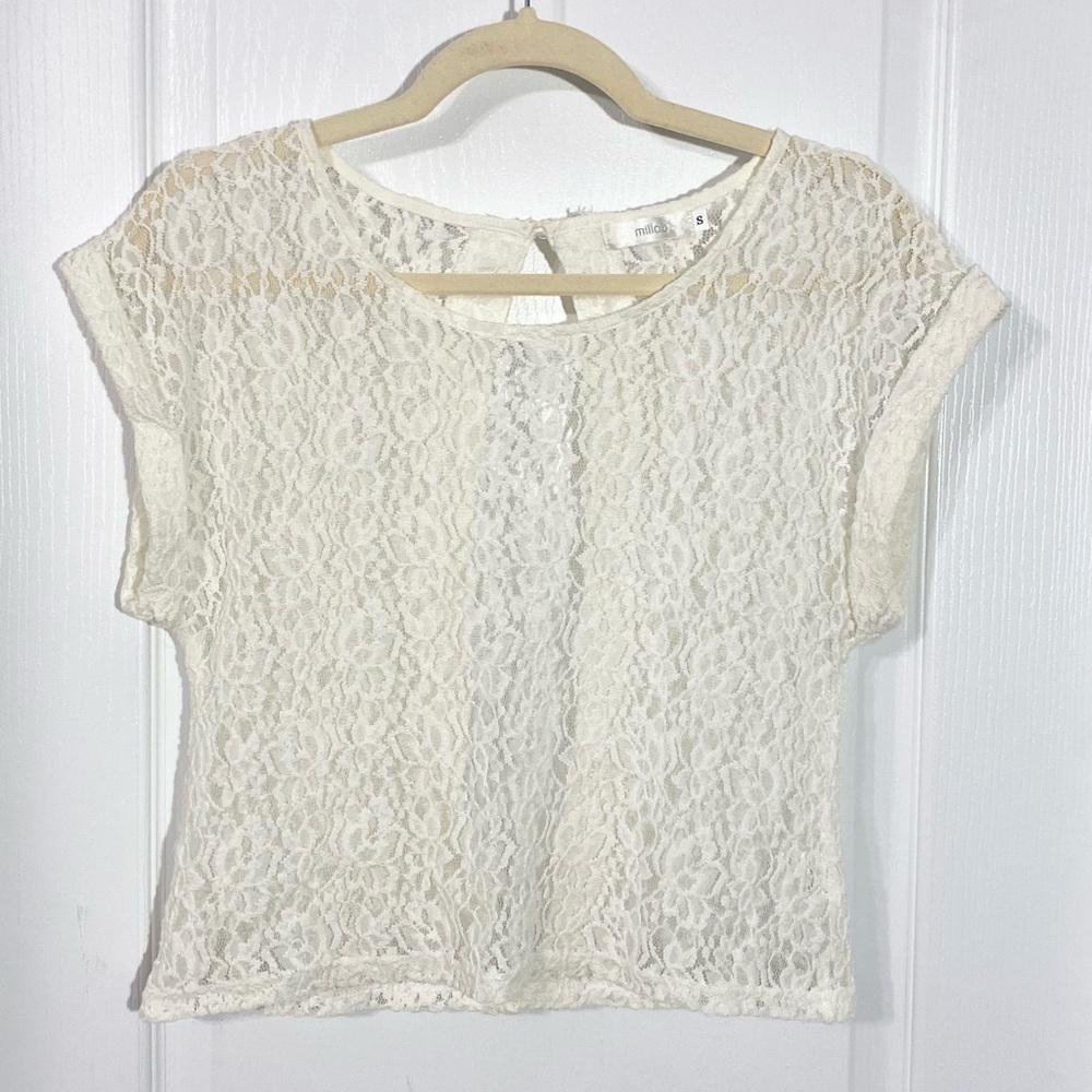 Anthro Millau Lace Peek A Boo Back Rolled Short Sleeve Crop Top Ivory Small